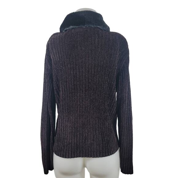 Valerie Stevens Chenille Faux Fur Neck Trim (Removable) Zip-Up Sweater Women's L - Picture 3 of 5
